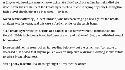 Screenshot of the article quoting J. Albert Johnson, a defense attorney who is fiercely skeptical of breathalyzers and calls them a fraud and a hoax