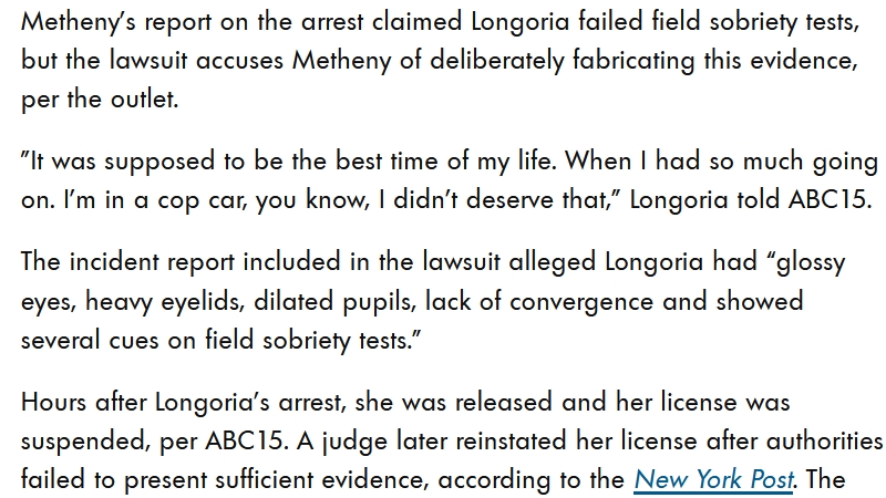 Screenshot of the story that reveals police departments have DUI quotas and that Brianna was falsely accused of a DUI by a woman cop who was afraid of losing her job