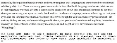Screenshot of a paragraph from Stefan's book that is written in both English and a hieroglyphic font called WingDings